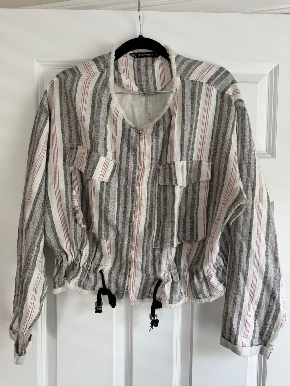 Striped Zip-Front Cropped Jacket in Gray & Pink by